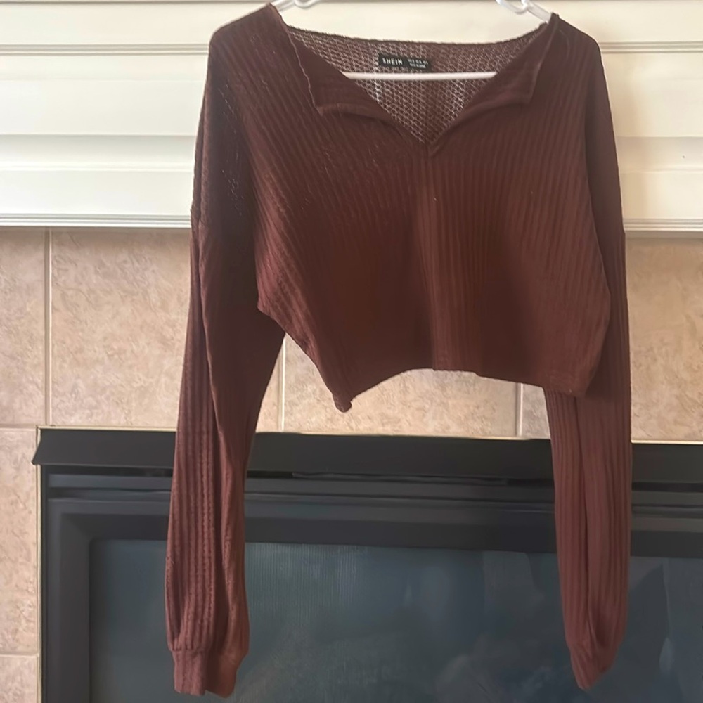 Long sleeve brown waffle knit crop top
